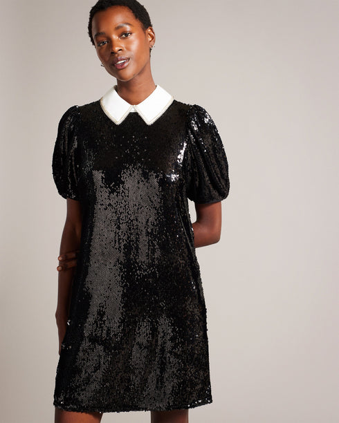 ZARELL-Dresses-ZARELL makes a statement. Adorned with glistening sequins, this shift dress takes glam to the next level. A contrasting collar embellished with diamantés completes the look. Mini shift dress All-over sequins Classic collar with diamanté trim Button fastening with keyhole cut-out Silvia is 5'11" / 1.8m and wears Grey in a Ted size 1- Ted Baker Romania